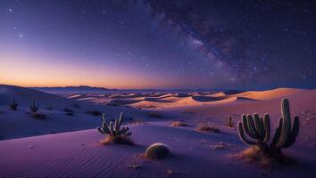 Desert Night Sky Landscape with Cactus and Sand Dunes photo