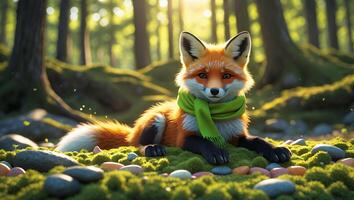 Fox Reclining in Forest Wearing Scarf with Sunlight Streaming Through Trees photo