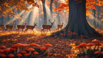 Deer Walking Through Autumn Forest with Sun Rays and Mushrooms photo