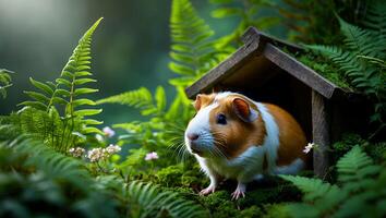 Guinea Pig Exploring Its Outdoor Habitat Surrounded by Lush Ferns photo