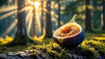Sliced Fig on Mossy Log in Forest with Sunlight Shining Through photo