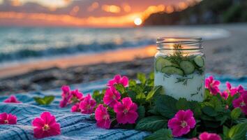 Enjoying Refreshing Cucumber Yogurt Drink with Flowers at Beach Sunset photo