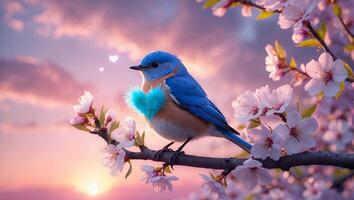 Bluebird Perched on Blossom Branch at Sunset with Heart Decoration photo