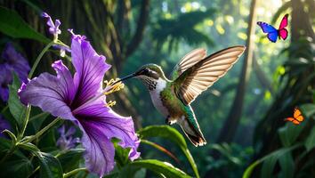 Hummingbird Drinking From Flower Nectar with Butterflies in Tropical Forest photo