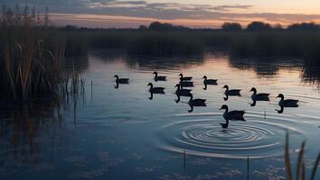 Ducks Swimming on Calm Water Surface with Ripples at Dusk photo