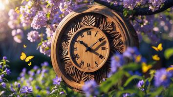 Wooden Clock with Leaf Design in Springtime Garden Scene photo