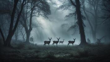 Deer Walking Through Misty Forest with Sun Rays Shining Through Trees photo
