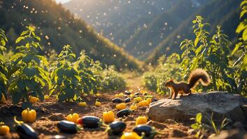 Squirrel on Rock Observing the Pepper and Eggplant Harvest photo