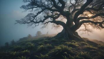 Majestic Old Tree on Hill in Foggy Natural Landscape photo