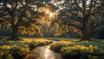 Peaceful Creek Flows Through Golden Ferns and Ancient Mossy Trees photo