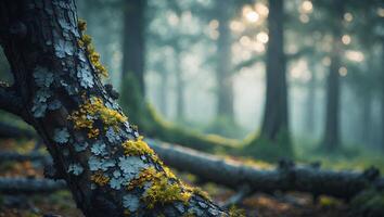Mossy Tree in Forest Sunlight Creating a Misty Atmospheric Scene photo