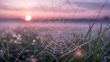 Spiderweb with Dewdrops Catching Morning Light Over Field of Green Grass photo