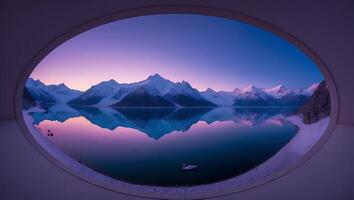 Snowy Mountains Reflected in Calm Lake Viewed Through Round Window photo