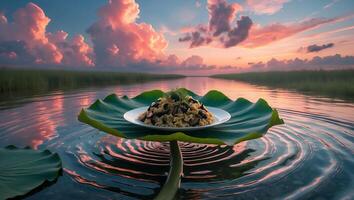 Risotto Dish on Lotus Leaf Floating in Serene Waterway at Sunset photo