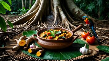 Hot Vegetable Curry Stew in Pot with Tropical Forest Backdrop photo