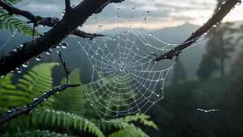 Dew Covered Spiderweb on Branch Against Blurred Mountain Backdrop photo