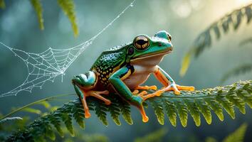 Frog Sitting on Fern Leaf with Dew-covered Spiderweb in Background photo