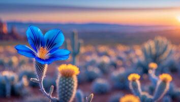 Blue Flower in Desert at Sunset with Cactus and Mountain Backdrop photo
