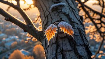Frosty Leaves on Tree Trunk Glowing in Early Morning Sunrise photo