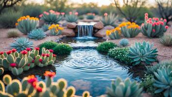 Flowing Waterfall and Vibrant Cactus Garden Scenery Creates Desert Oasis photo