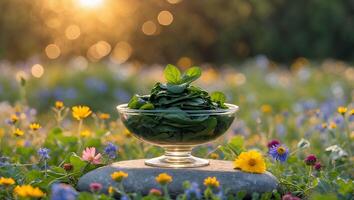 Serving Spinach in Glass Bowl on Stone with Meadow Backdrop photo