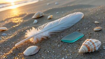 Seashore Still Life with White Feather and Sea Glass at Sunset photo
