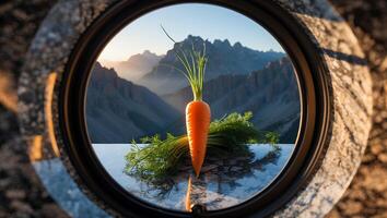 Carrot Still Life Reflected Against Mountain Scenery Through Stone Circle Frame photo