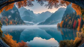 Reflective Lake Surrounded by Autumn Trees and Mountains in Fog photo