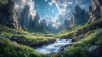 Cascading Waterfall Through Mountain Valley with Dramatic Rock Formations photo