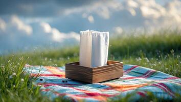 Picnic Scene with White Fabric in Wooden Box on Blanket photo