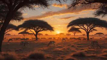 Antelope Grazing on Plains at Sunset with Silhouetted Trees photo