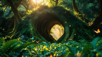 Enchanted Forest with Hollow Tree and Butterflies in Sunlight photo