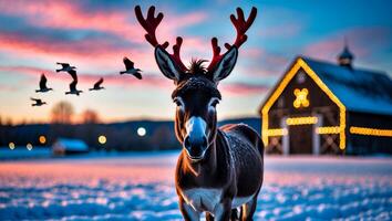 Festive Donkey with Antlers in a Winter Landscape at Sunset photo
