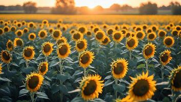 Sunflower Field at Sunset Blooming in Summer Sunlight Landscape View photo