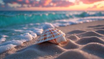 Seashell Resting on Sandy Beach with Waves at Sunset Scene photo