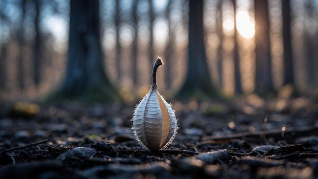 Seed Pod on Forest Floor with Sunlight Streaming Through Trees photo