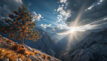 Pine Tree on Mountain Ridge at Sunset with Sun Rays photo