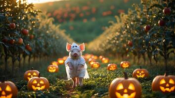 Piglet in Costume Running Among Pumpkins in Orchard at Dusk photo