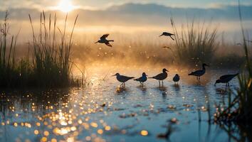 Birds Gathering in Marshland at Sunrise with Golden Haze photo