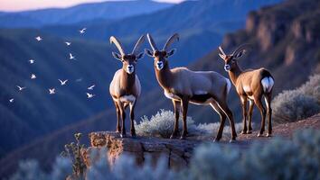 Three Ibex Standing on Mountain Cliff with Birds and Distant Landscape photo