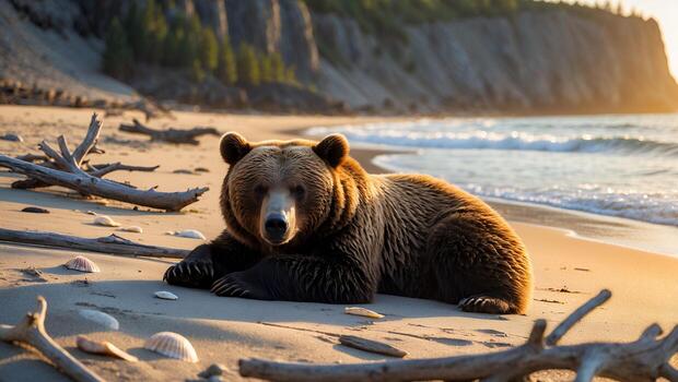 Bear Relaxing on Sandy Beach with Ocean and Cliffside View photo