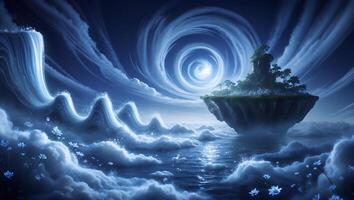 Floating Island with Waterfalls and Swirling Sky at Twilight photo