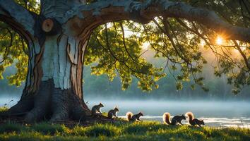 Squirrels Gather Near Tree by Lake at Sunrise with Golden Light photo