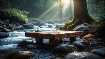 Wooden Platform in Serene Forest Stream with Sunlight and Wild Mushroom photo