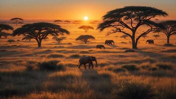 Elephants Walking Across Savannah at Sunrise with Acacia Trees photo