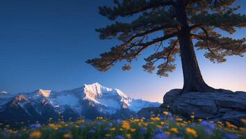 Pine Tree on Rock Ledge Overlooking Snow Capped Mountain Range photo