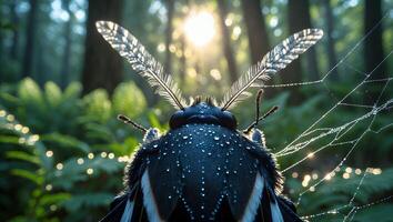 Close-up of Moth in Forest with Water Droplets at Sunrise photo