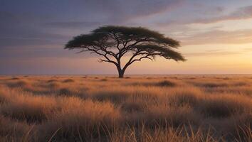 Lone Tree Stands Tall in Grassy Field Under Warm Sunset Light photo