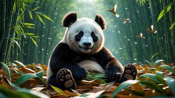 Panda Bear Sitting in Bamboo Forest with Flying Birds Around photo