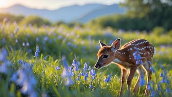 Young Deer in Field of Blue Flowers at Sunrise photo